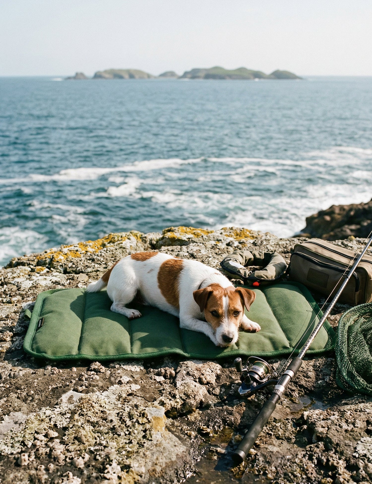Dog lying on a green mat by the ocean with fishing gear nearby