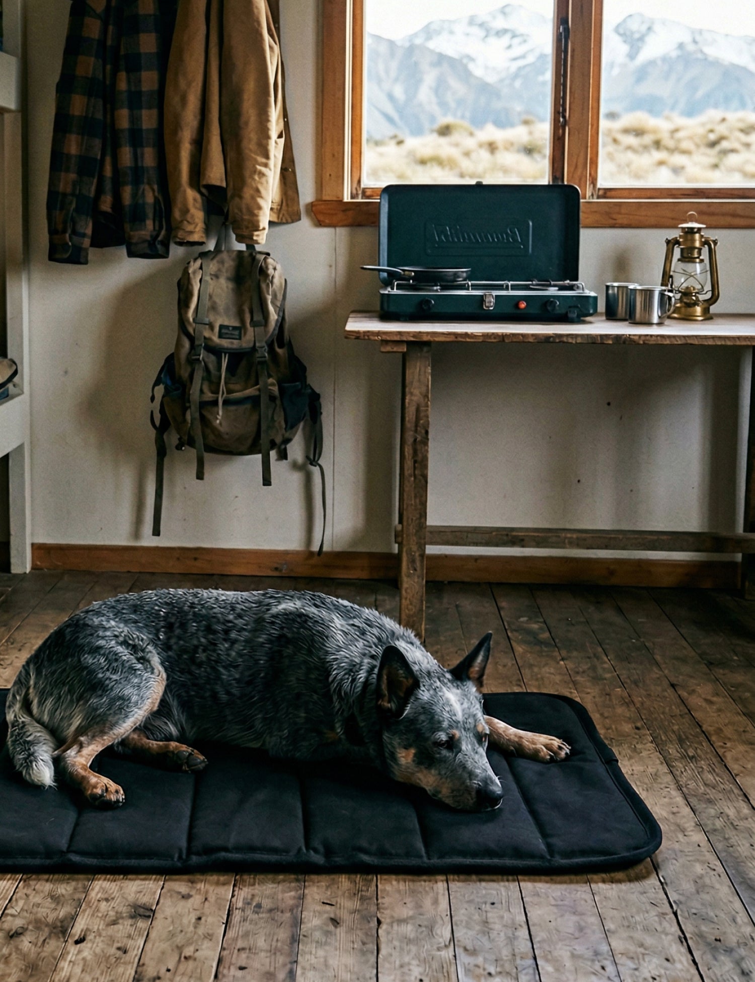 Dog lying on a mat in a rustic cabin with a view of mountains.