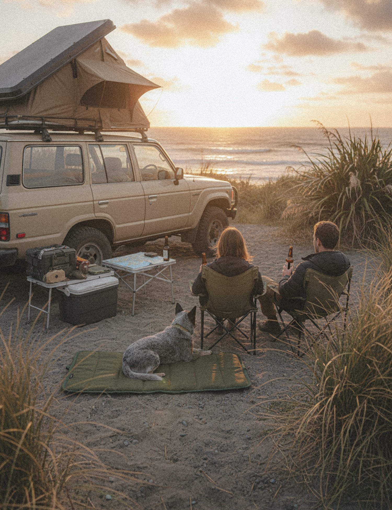 Two people and a dog enjoying a sunset by a beach with a camper van.
