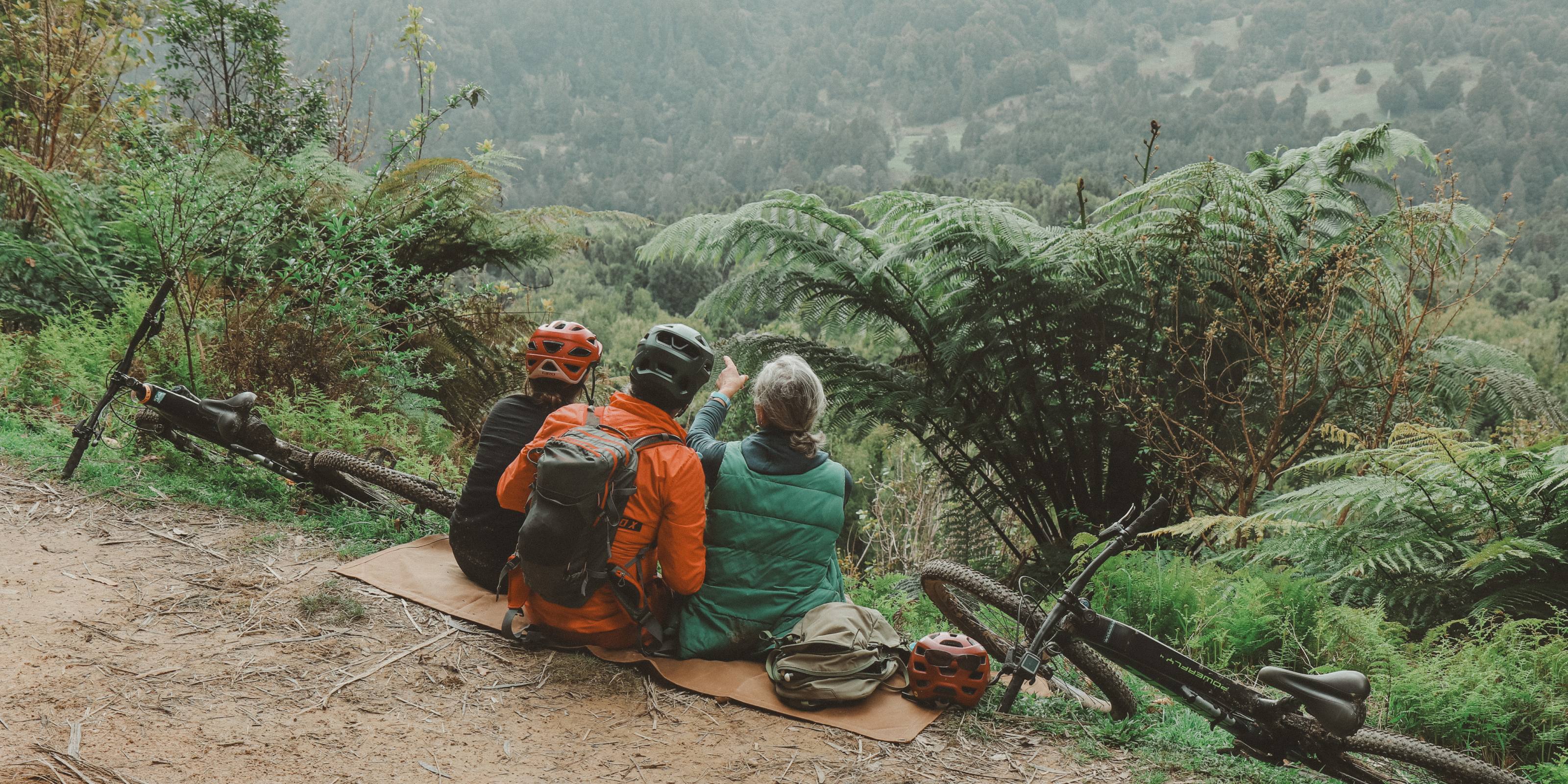 Three people sitting on a mat in a forested area with bicycles around them.
