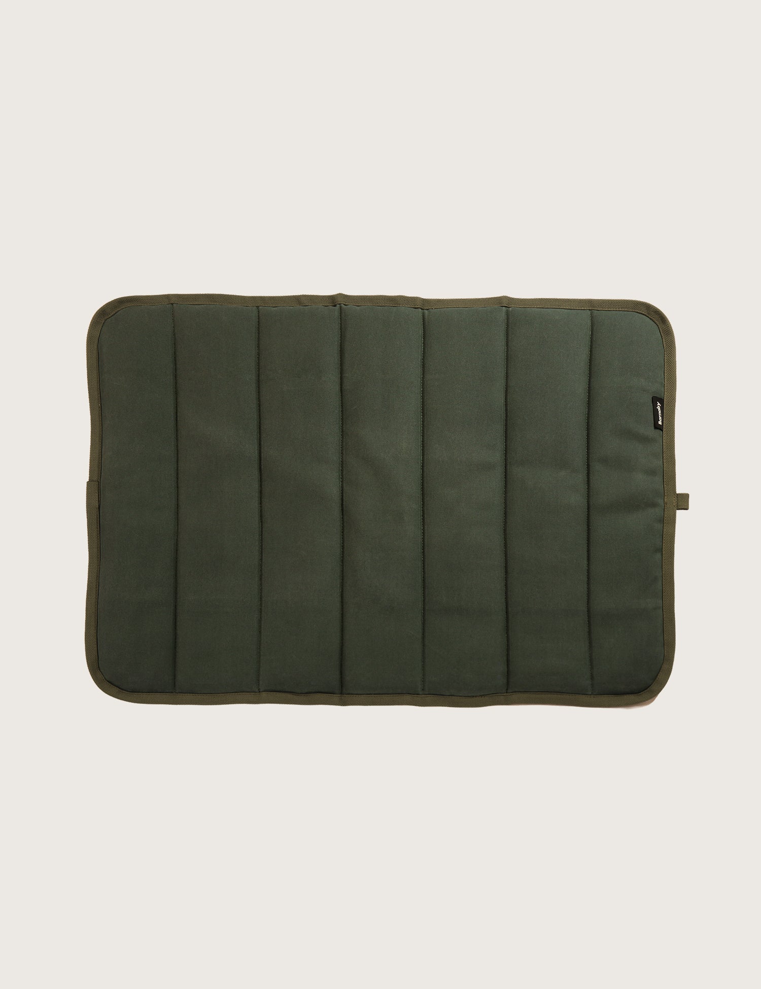 Green fabric roll-up DOG mat on a beige background