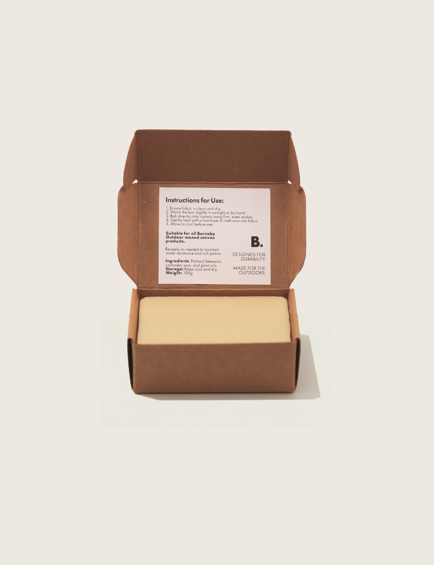 Barnaby Outdoor reproofing Bar box open showing instructions for use and ingredients.