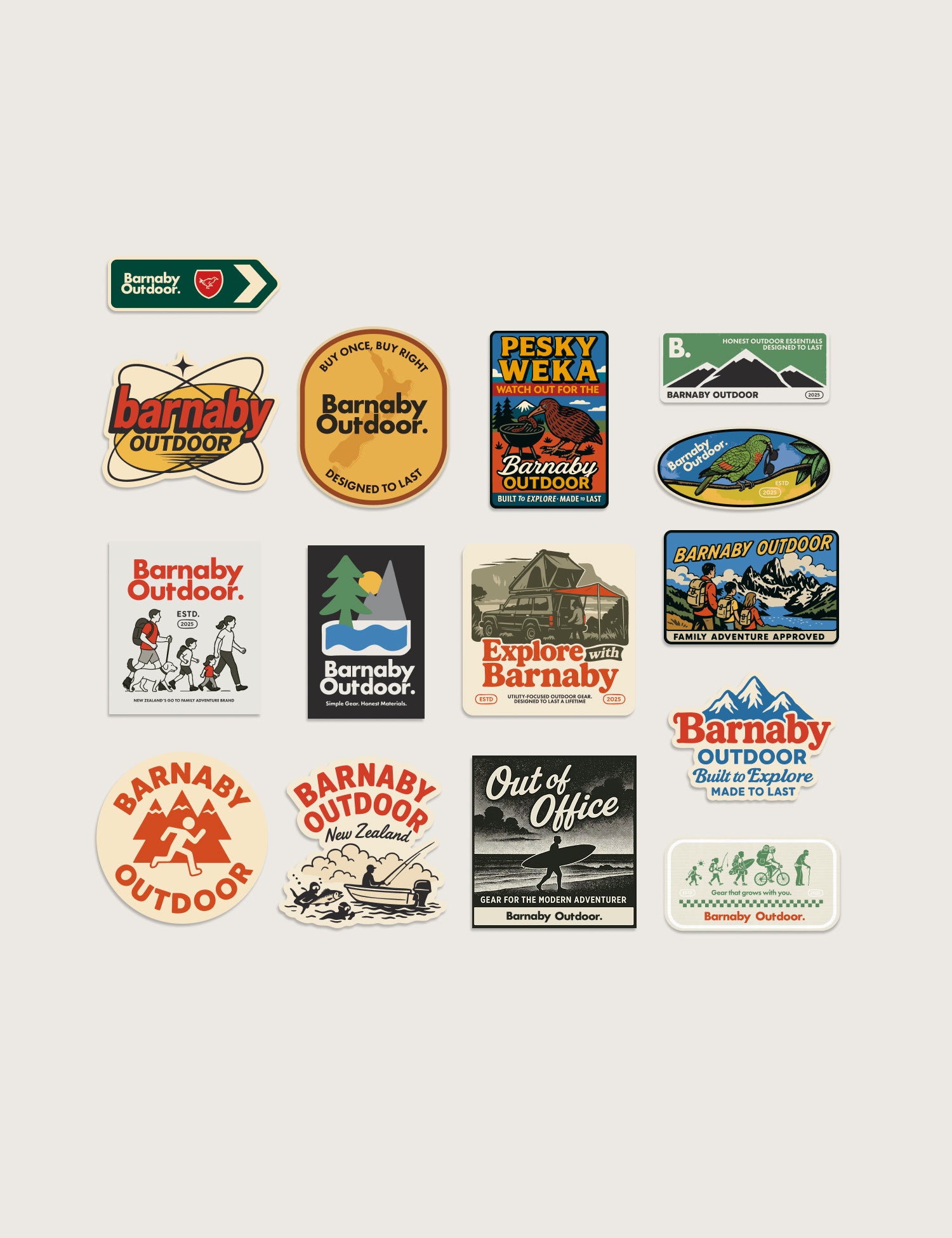 Collection of Barnaby Outdoor stickers on a light gray background
