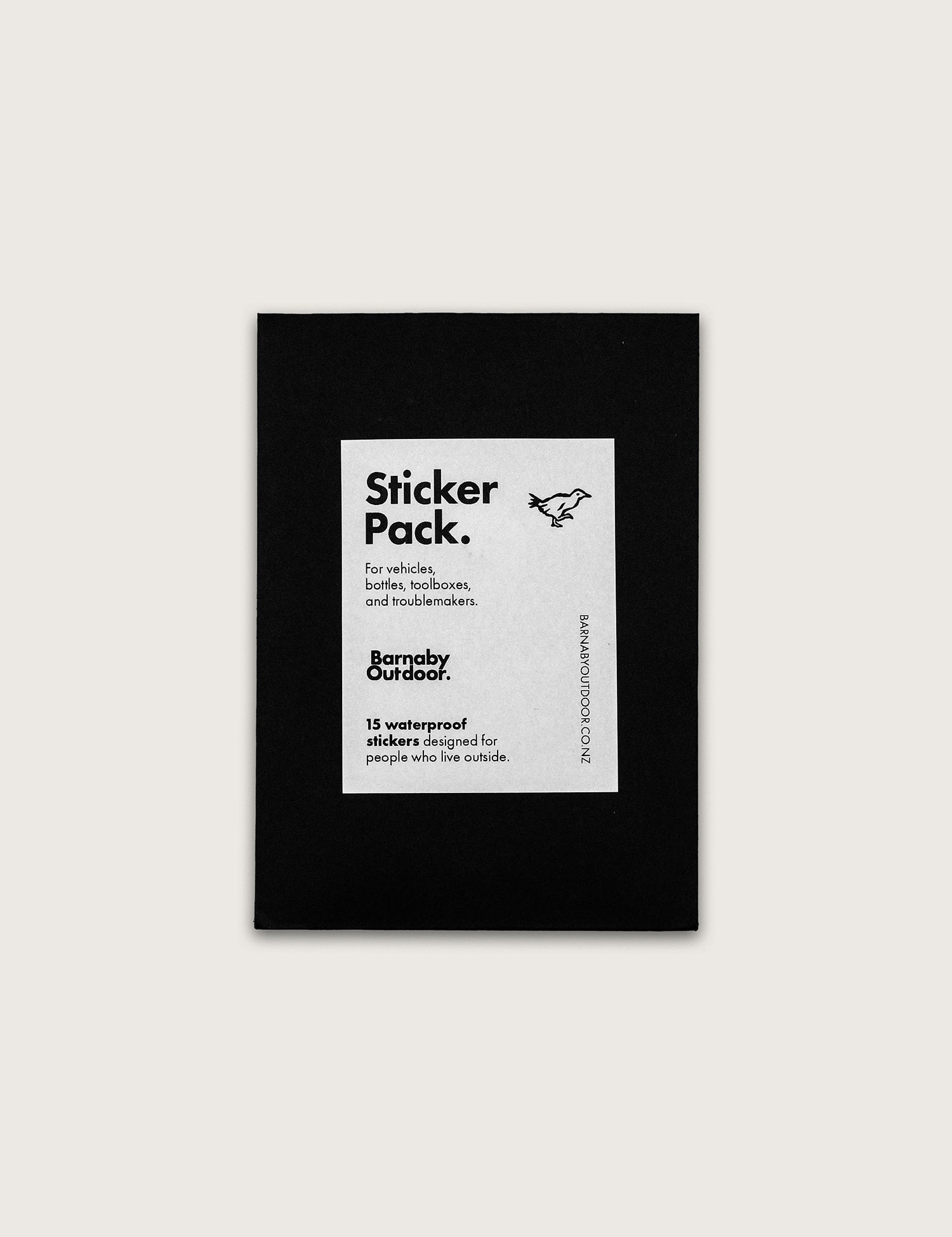 Sticker pack with pink label and black frame on a white background